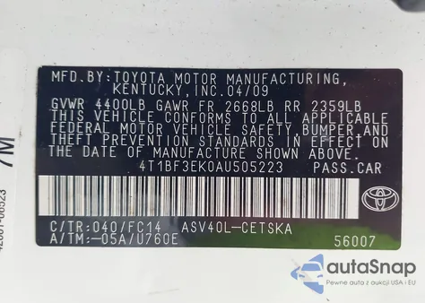 2010 Toyota Camry Se from USA, damaged, VIN 4T1BF3EK0AU505223